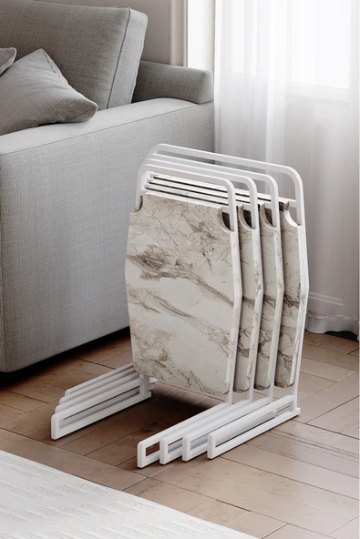 Zigon Sehpa , Miami 4'lü Zigon Sehpa Takımı , Beyaz Metal - Beyaz Mermer Tabla ürün görseli