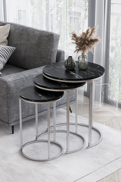 Zigon Sehpa , Paris 3'lü C Zigon Sehpa Takımı , Gümüş Metal - Siyah Mermer Tabla ürün görseli