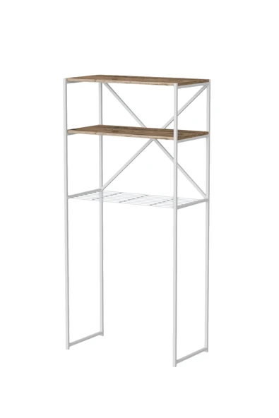 Banyo Rafı , Beril 2 Raflı Çamaşır Makinesi Üstü Düzenleyici , Beyaz Metal - Atlantik Çam Tabla - Resim 3