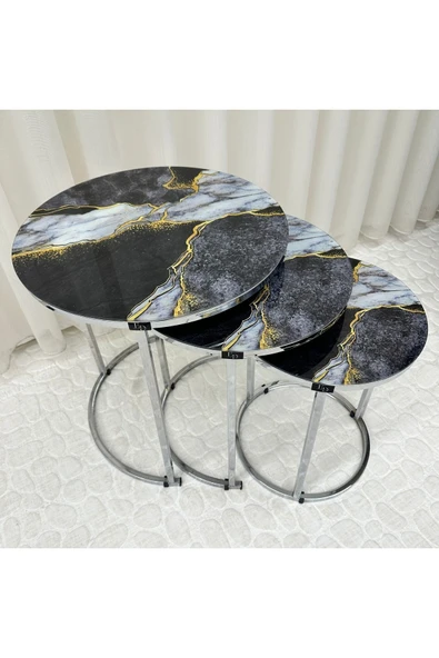 Zigon Sehpa , Paris 3'lü Camlı C Zigon Sehpa Takımı , Gümüş Metal - Cam-93 - Resim 5