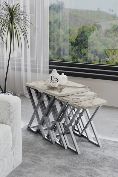 Zigon Sehpa , Milano 3'lü Zigon Sehpa Takımı , Gümüş Metal - Beyaz Mermer Tabla ürün görseli