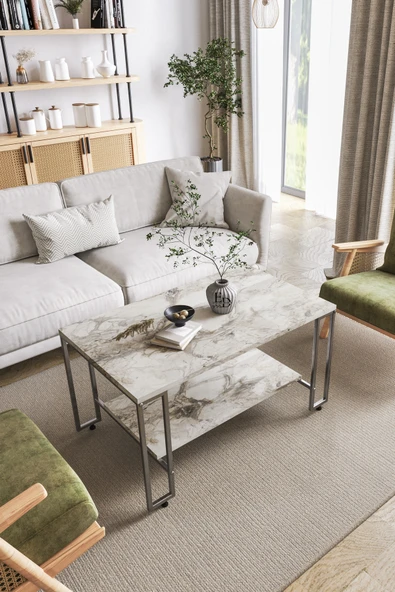 Orta Sehpa , Nury Tekerlekli Orta Sehpa Takımı , Gümüş Metal - Beyaz Mermer Tabla ürün görseli