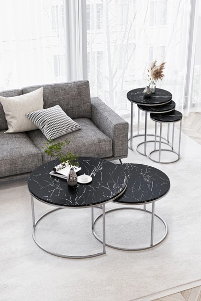 Orta Sehpa , Paris 2'li Orta Sehpa Takımı , Gümüş Metal - Siyah Mermer Tabla - Resim 2