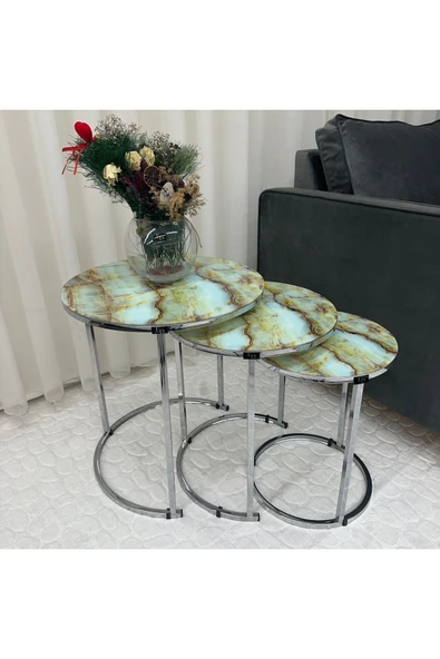 Zigon Sehpa , Paris 3'lü Camlı C Zigon Sehpa Takımı , Gümüş Metal - Cam-98 ürün görseli