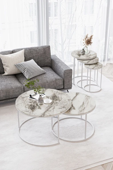 Orta Sehpa , Paris 2'li Orta Sehpa Takımı , Beyaz Metal - Beyaz Mermer Tabla - Resim 2