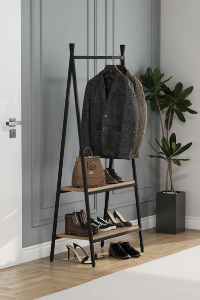 Jade Konfeksiyon Elbise Askılık , 2 Raflı Askılık , Siyah Metal - Atlantik Çam Tabla - Resim 3