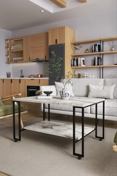 Orta Sehpa , Nury Tekerlekli Orta Sehpa Takımı , Siyah Metal - Beyaz Mermer Tabla - Resim 2