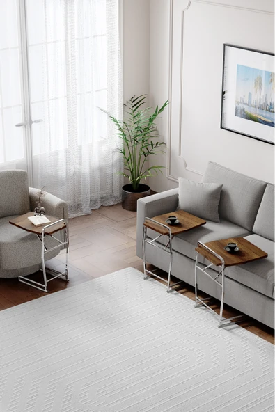 Zigon Sehpa , Miami 3'lü Zigon Sehpa Takımı , Gümüş Metal - Barok Tabla - Resim 2