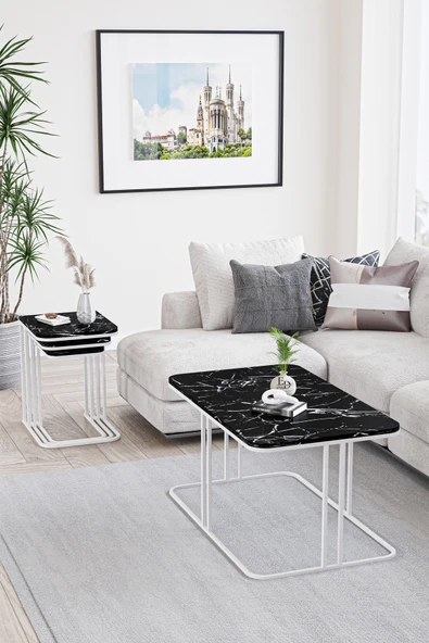 Orta Sehpa , Lyon Orta Sehpa , Beyaz Metal - Siyah Mermer Tabla - Resim 2