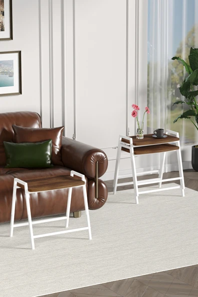 Zigon Sehpa , Aden 3'lü Tepsi Zigon Sehpa Takımı Beyaz Metal - Barok Tabla - Resim 4