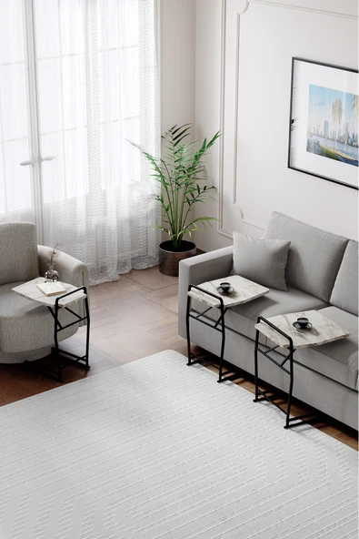 Zigon Sehpa , Miami 3'lü Zigon Sehpa Takımı , Siyah Metal - Beyaz Mermer Tabla - Resim 2