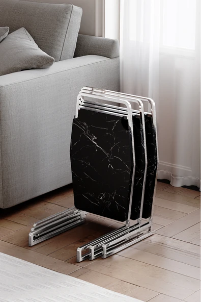 Zigon Sehpa , Miami 3'lü Zigon Sehpa Takımı , Gümüş Metal - Siyah Mermer Tabla ürün görseli