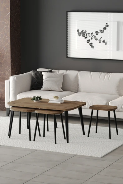 Zigon ve Orta Sehpa 5'li Takım , Metal Ayaklı , Roma 4+1 Sehpa , Siyah Metal - Atlantik Çam Tabla - Resim 2