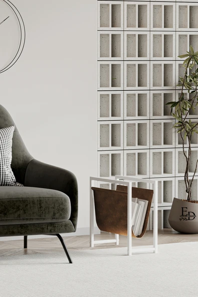 Gazetelik , Dergilik , Coral Koltuk Yanı Düzenleyici , Beyaz Metal - Kahverengi Deri - Resim 2