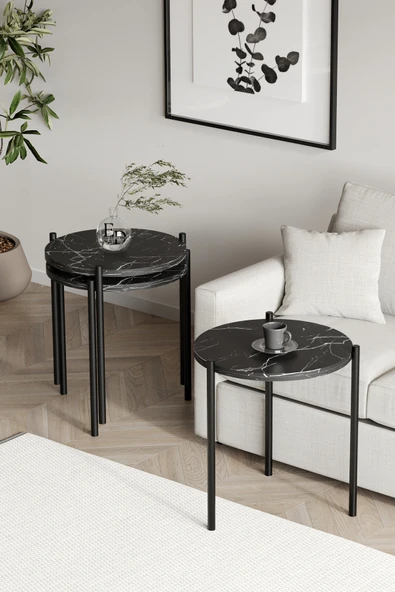 Zigon Sehpa , Nice 3'lü Zigon Sehpa Takımı , Siyah Metal - Siyah Mermer Tabla - Resim 2