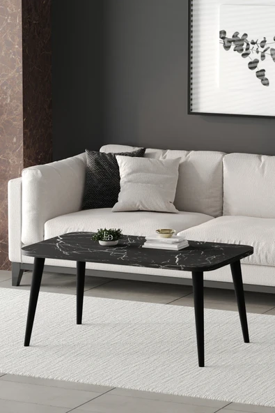 Orta Sehpa Metal Ayaklı , Roma Orta Sehpa , Siyah Metal - Siyah Mermer Tabla - Resim 2