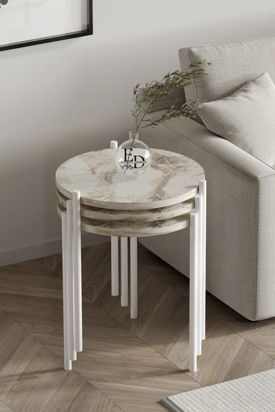 Zigon Sehpa , Nice 3'lü Zigon Sehpa Takımı , Beyaz Metal - Beyaz Mermer Tabla ürün görseli