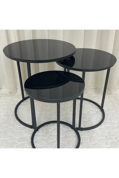 Zigon Sehpa , Paris 3'lü Camlı C Zigon Sehpa Takımı , Siyah Metal - Siyah Cam - Resim 2