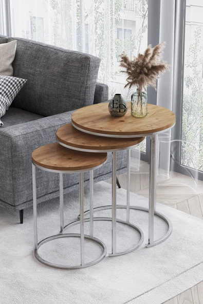 Zigon Sehpa , Paris 3'lü C Zigon Sehpa Takımı , Gümüş Metal - Atlantik Çam Tabla ürün görseli