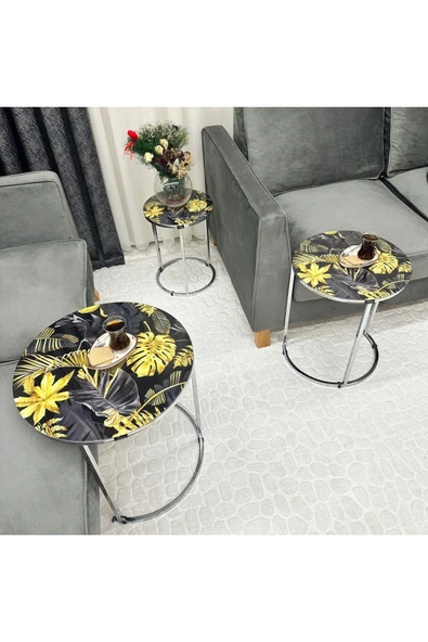 Zigon Sehpa , Paris 3'lü Camlı C Zigon Sehpa Takımı , Gümüş Metal - Cam 91 - Resim 4