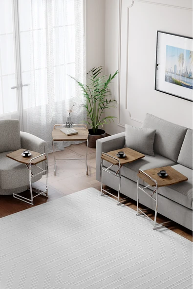 Zigon Sehpa , Miami 4'lü Zigon Sehpa Takımı , Gümüş Metal - Atlantik Çam Tabla - Resim 2