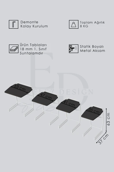 Zigon Sehpa , Miami 4'lü Zigon Sehpa Takımı , Gümüş Metal - Atlantik Çam Tabla - Resim 3