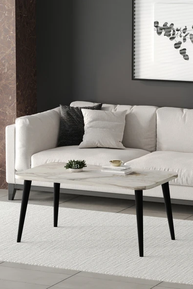 Orta Sehpa Metal Ayaklı , Roma Orta Sehpa , Siyah Metal - Beyaz Mermer Tabla - Resim 2