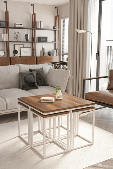 Orta Sehpa , Lizbon 4 1 , Kare Pizza Sehpa Takımı , Beyaz Metal - Barok Tabla - Resim 2