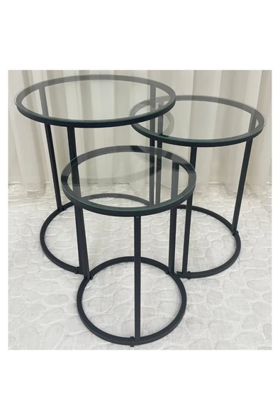 Zigon Sehpa , Paris 3'lü Camlı C Zigon Sehpa Takımı , Siyah Metal - Şeffaf Cam - Resim 2