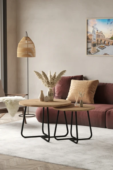 Orta Sehpa , Üsküp 2'li Orta Sehpa Takımı , Siyah Metal - Atlantik Çam Tabla - Resim 2