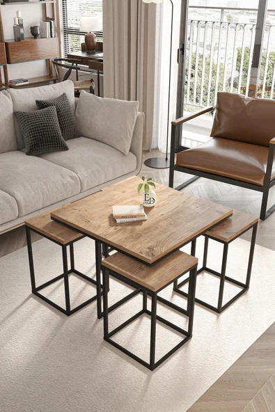 Orta Sehpa , Lizbon 4 1 , Kare Pizza Sehpa Takımı , Siyah Metal - Atlantik Çam Tabla ürün görseli