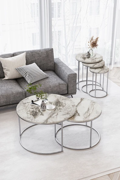 Orta Sehpa , Paris 2'li Orta Sehpa Takımı , Gümüş Metal - Beyaz Mermer Tabla - Resim 2