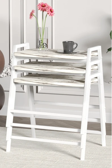 Zigon Sehpa , Aden 3'lü Tepsi Zigon Sehpa Takımı Beyaz Metal - Beyaz Mermer Tabla - Resim 2