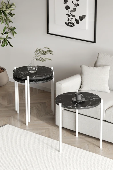 Zigon Sehpa , Nice 3'lü Zigon Sehpa Takımı , Beyaz Metal - Siyah Mermer Tabla - Resim 2