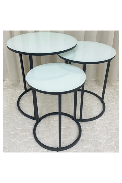 Zigon Sehpa , Paris 3'lü Camlı C Zigon Sehpa Takımı , Siyah Metal - Beyaz Cam - Resim 2