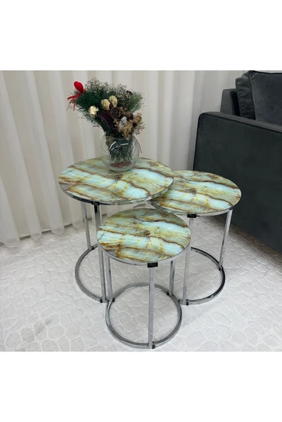 Zigon Sehpa , Paris 3'lü Camlı C Zigon Sehpa Takımı , Gümüş Metal - Cam-98 - Resim 2