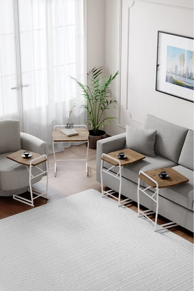 Zigon Sehpa , Miami 4'lü Zigon Sehpa Takımı , Beyaz Metal - Atlantik Çam Tabla - Resim 2