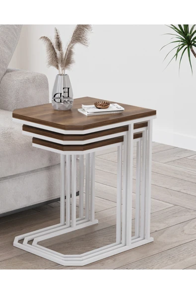 Zigon Sehpa , Lyon 3'lü C Zigon Sehpa Takımı , Beyaz Metal - Barok Tabla - Resim 2