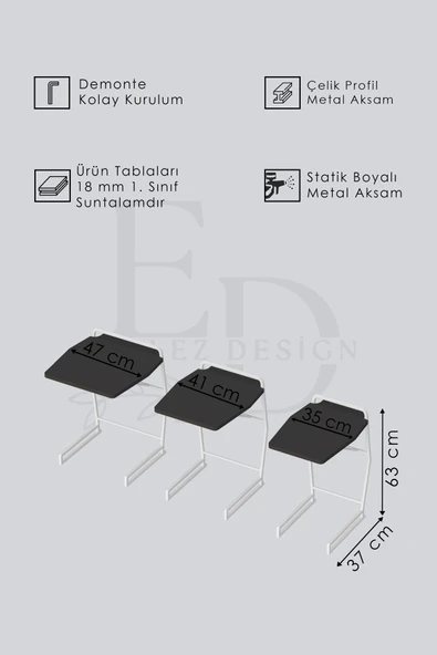Zigon Sehpa , Miami 3'lü Zigon Sehpa Takımı , Gümüş Metal - Atlantik Çam Tabla - Resim 3