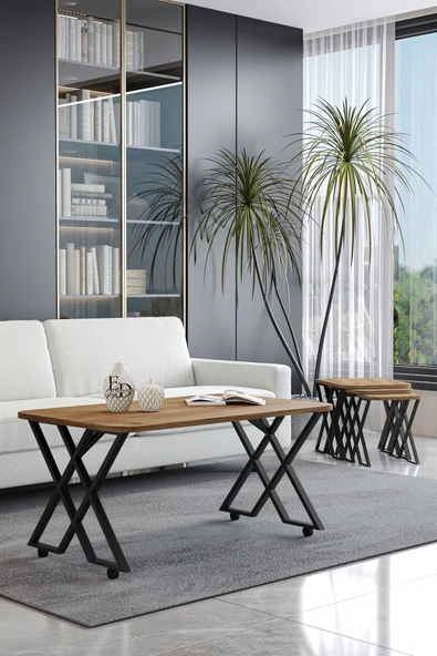 Orta Sehpa , Milano Tekerlekli Orta Sehpa , Siyah Metal - Atlantik Çam Tabla - Resim 2