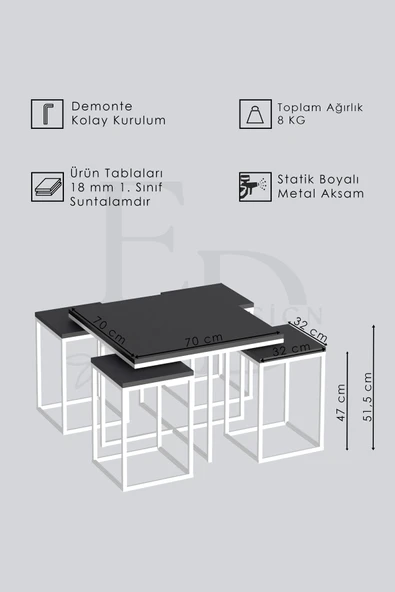 Orta Sehpa , Lizbon 4 1 , Kare Pizza Sehpa Takımı , Siyah Metal - Siyah Mermer Tabla - Resim 3