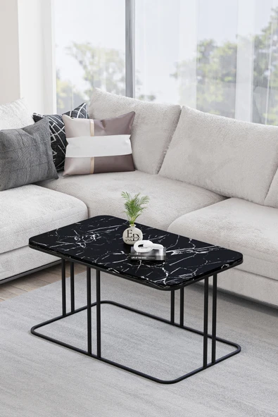 Orta Sehpa , Lyon Orta Sehpa , Siyah Metal - Siyah Mermer Tabla ürün görseli