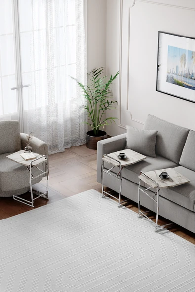 Zigon Sehpa , Miami 3'lü Zigon Sehpa Takımı , Gümüş Metal - Beyaz Mermer Tabla - Resim 2