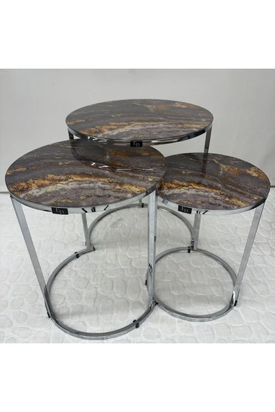 Zigon Sehpa , Paris 3'lü Camlı C Zigon Sehpa Takımı , Gümüş Metal - Cam-92 - Resim 3