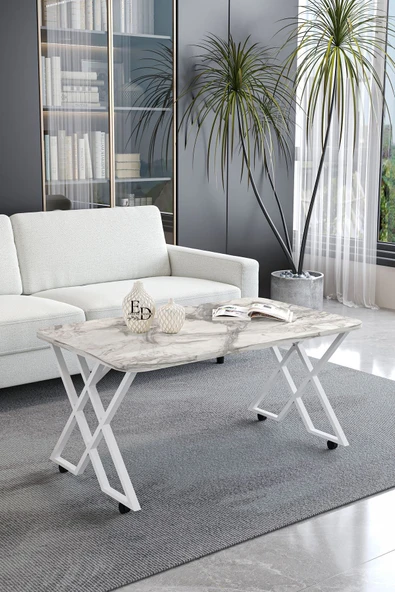 Orta Sehpa , Milano Tekerlekli Orta Sehpa , Beyaz Metal - Beyaz Mermer Tabla ürün görseli