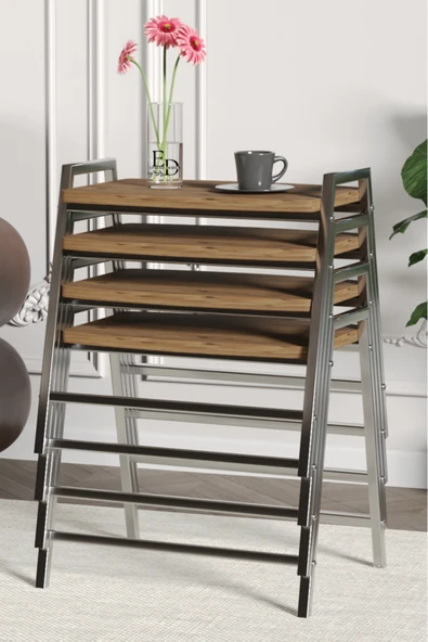 Zigon Sehpa , Aden 4'lü Tepsi Zigon Sehpa Takımı Gümüş Metal - Atlantik Çam Tabla ürün görseli