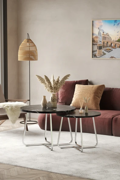 Orta Sehpa , Üsküp 2'li Orta Sehpa Takımı , Gümüş Metal - Siyah Mermer Tabla - Resim 2