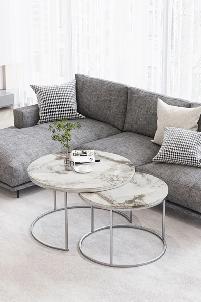 Orta Sehpa , Paris 2'li Orta Sehpa Takımı , Gümüş Metal - Beyaz Mermer Tabla ürün görseli