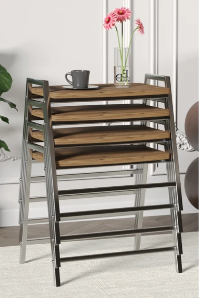 Zigon Sehpa , Aden 4'lü Tepsi Zigon Sehpa Takımı Gümüş Metal - Atlantik Çam Tabla - Resim 2