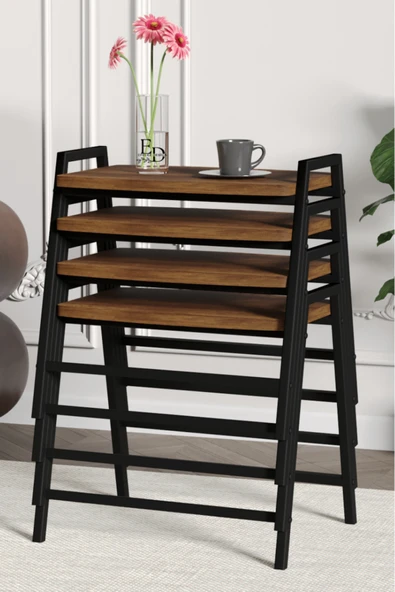 Zigon Sehpa , Aden 4'lü Tepsi Zigon Sehpa Takımı Siyah Metal - Barok Tabla ürün görseli